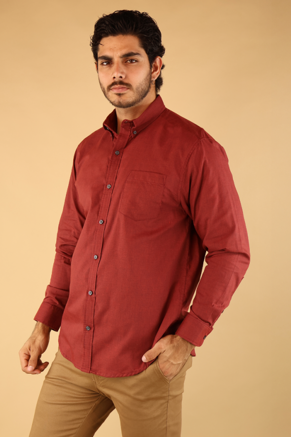 Camisa Manga Larga Rojo Vino Corte Regular De Algodón Elegante Para Caballero